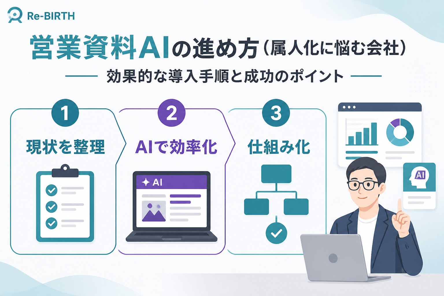 業務改善 営業資料AIの進め方（属人化に悩む会社）における営業資料、AI、属人化に悩む会社、進め方の全体像